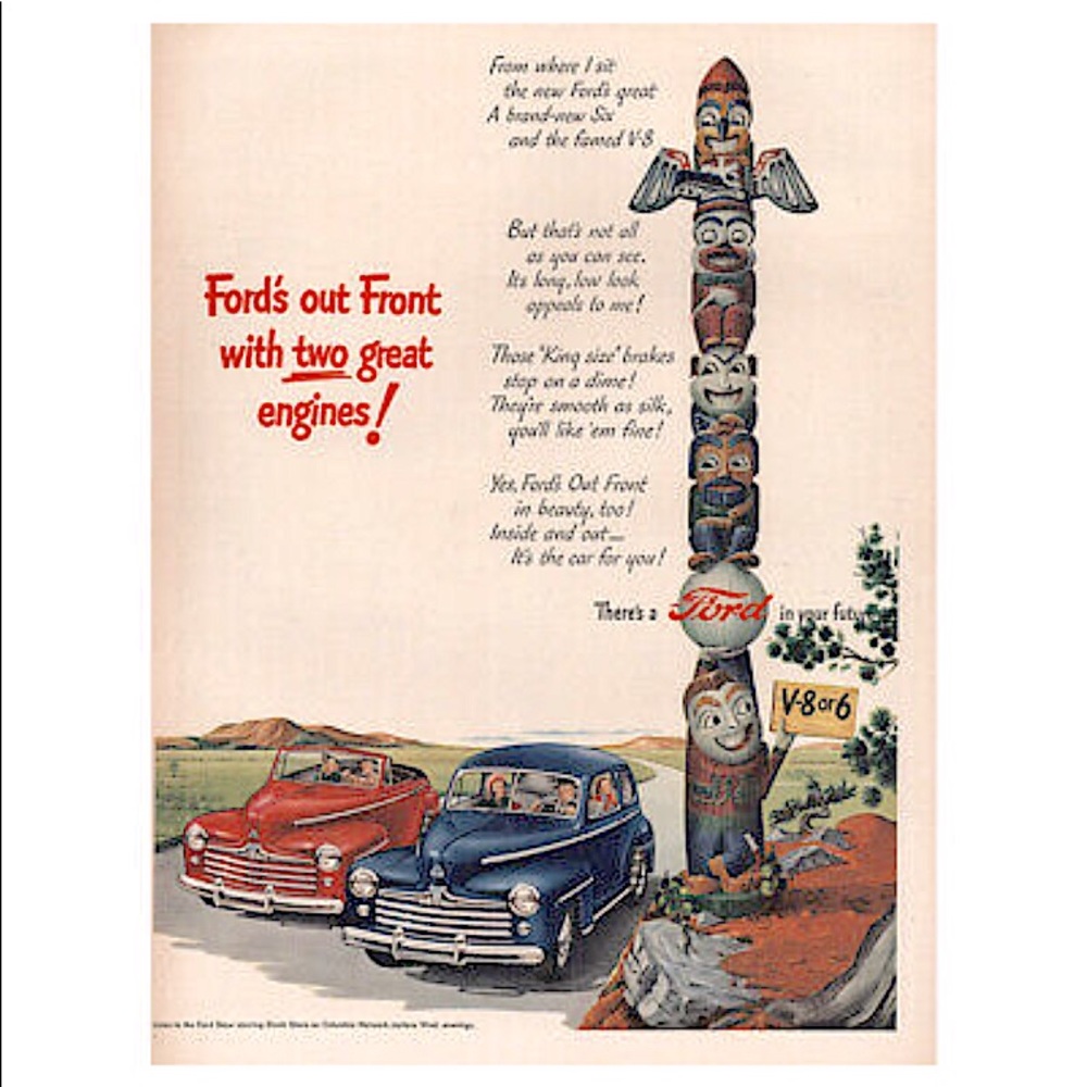Vintage 1947 rare Ford advertisement poster with cars totem pole animals people